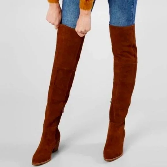 Steve Madden Lucca Pieced Suede Over the Knee Stacked Heel Boot, Cognac 9.5 - Picture 2 of 12